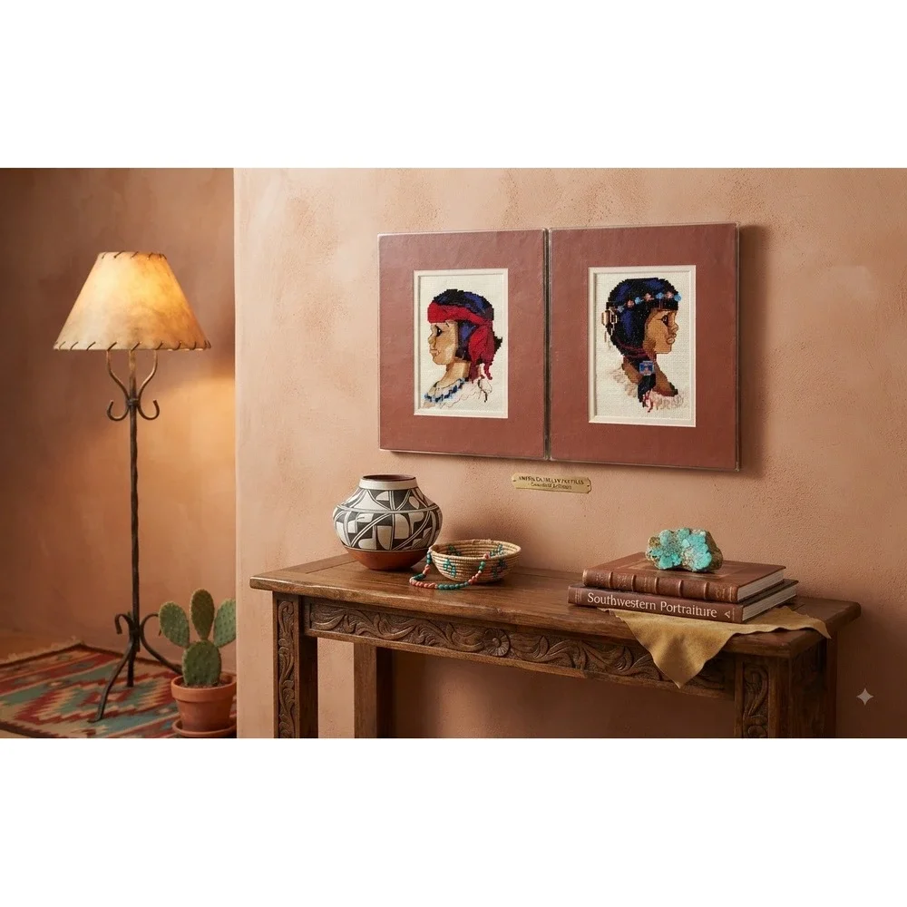 Vintage Native American Needlepoint Portraits Set of 2 Southwestern Wall Art